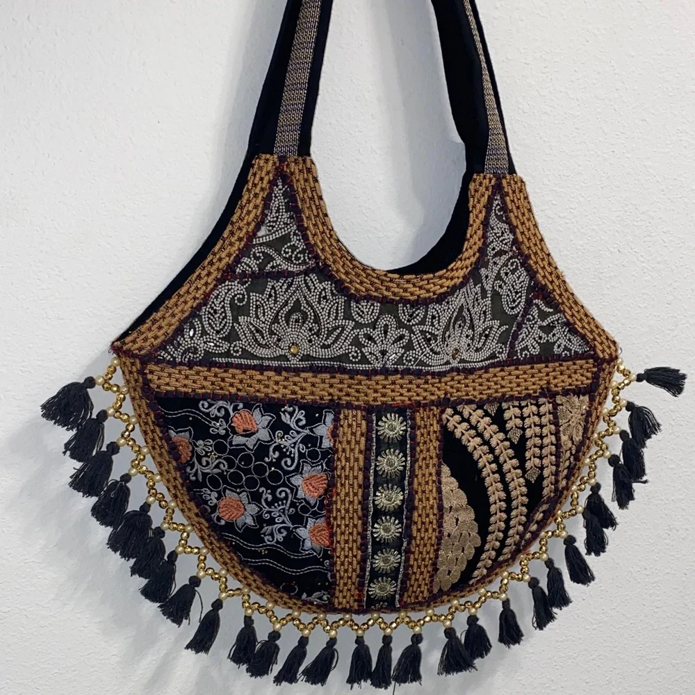 Bohemian Embroidered Black and Brown Tote Bag - Picture 4 of 5